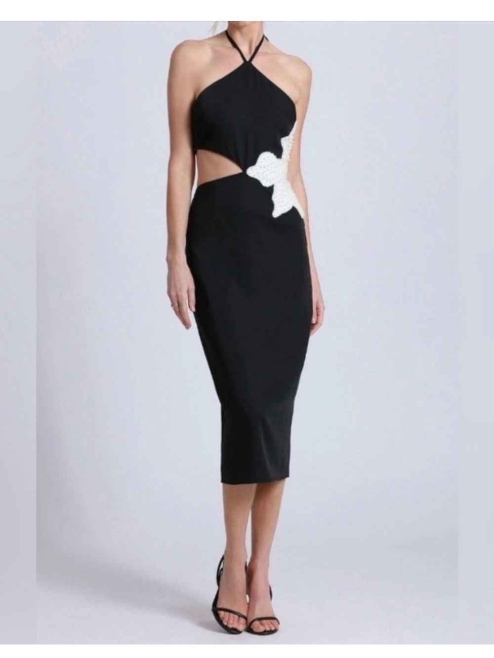Avec Les Filles Black Halter Midi Dress with White Embellishment
